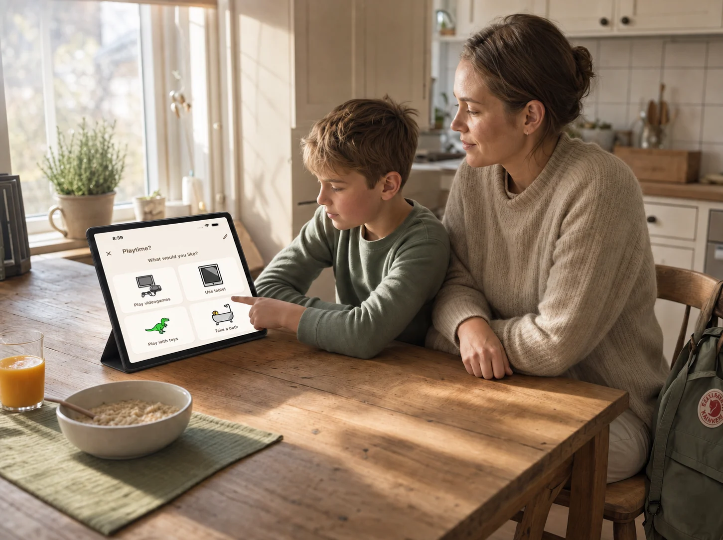 A child selecting an option from a visual choice board on a tablet with a parent nearby