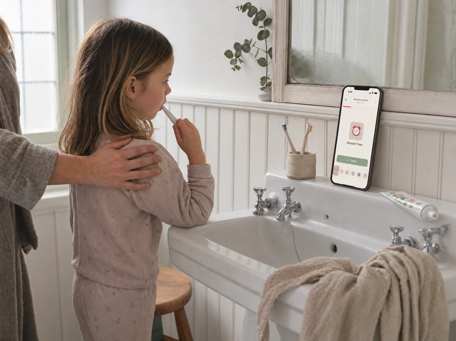 A child brushing their teeth while following a visual routine on a phone at the bathroom sink