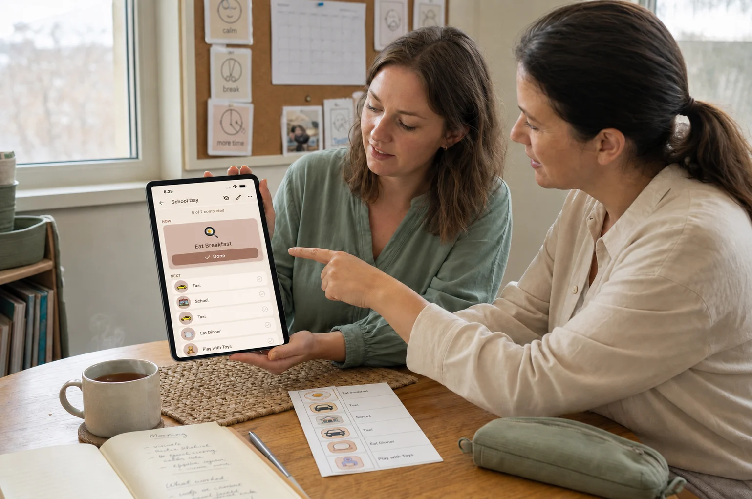 A therapist and caregiver reviewing a visual day plan together on a tablet