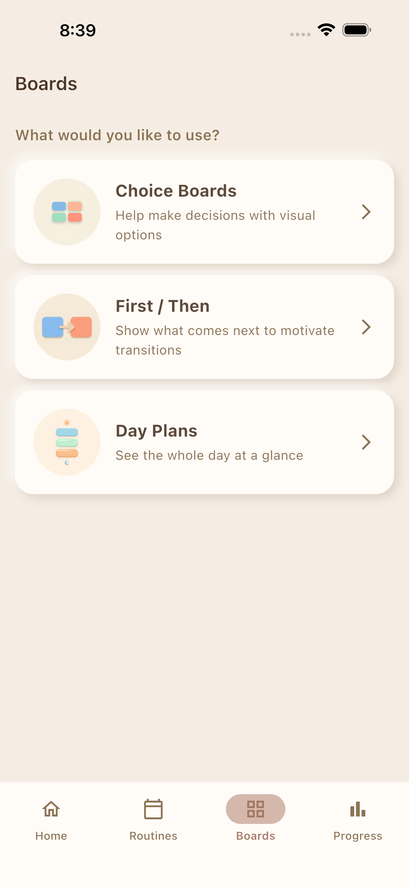 Boards hub showing choice boards and first/then boards