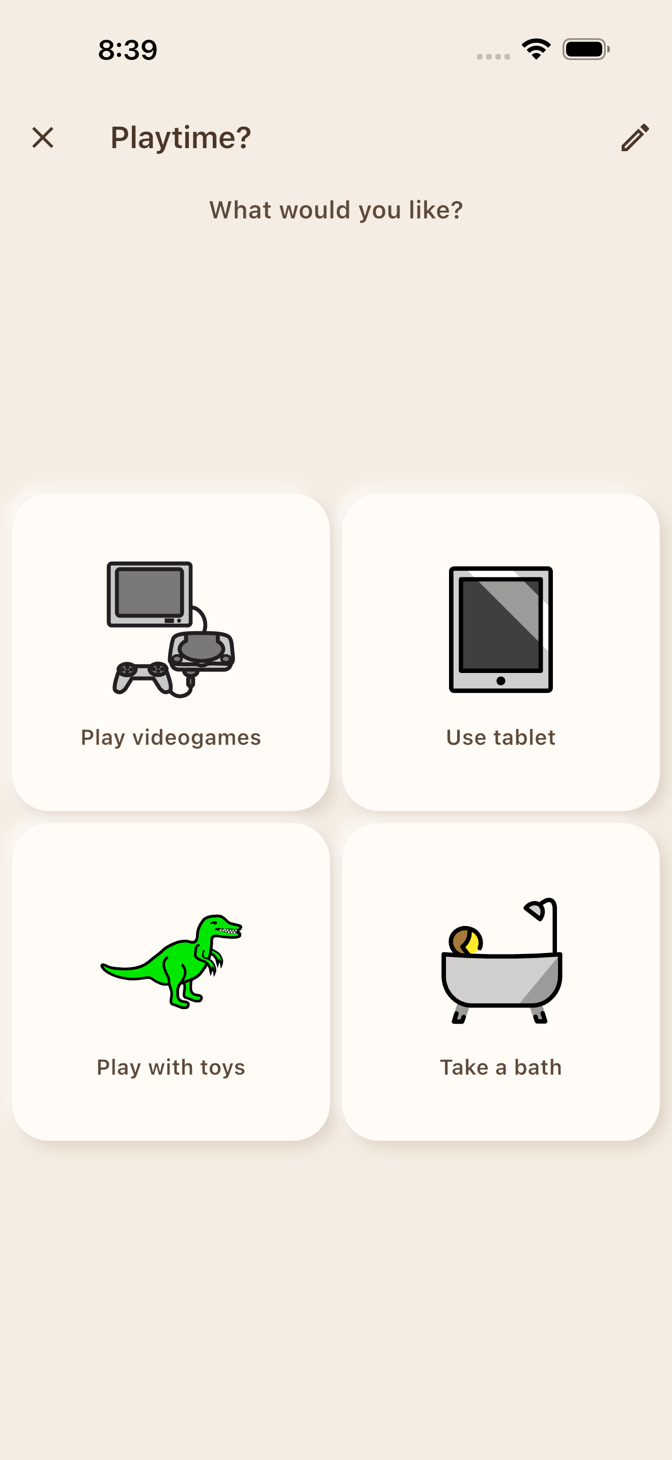 Choice board showing playtime options like videogames, tablet, and toys