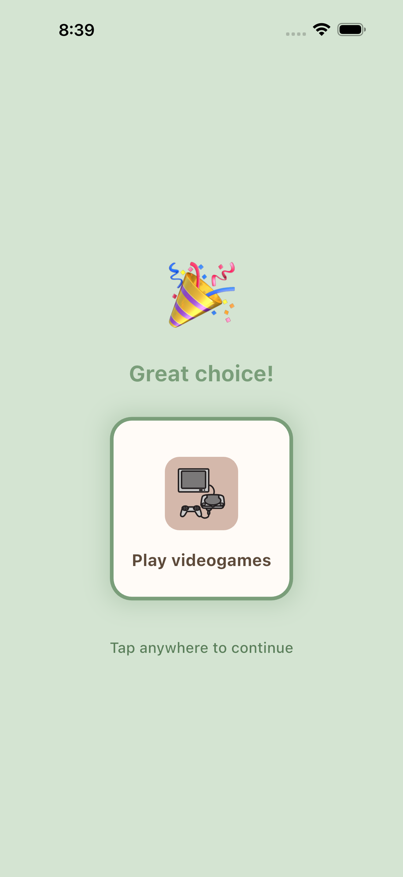 Choice board showing successful selection