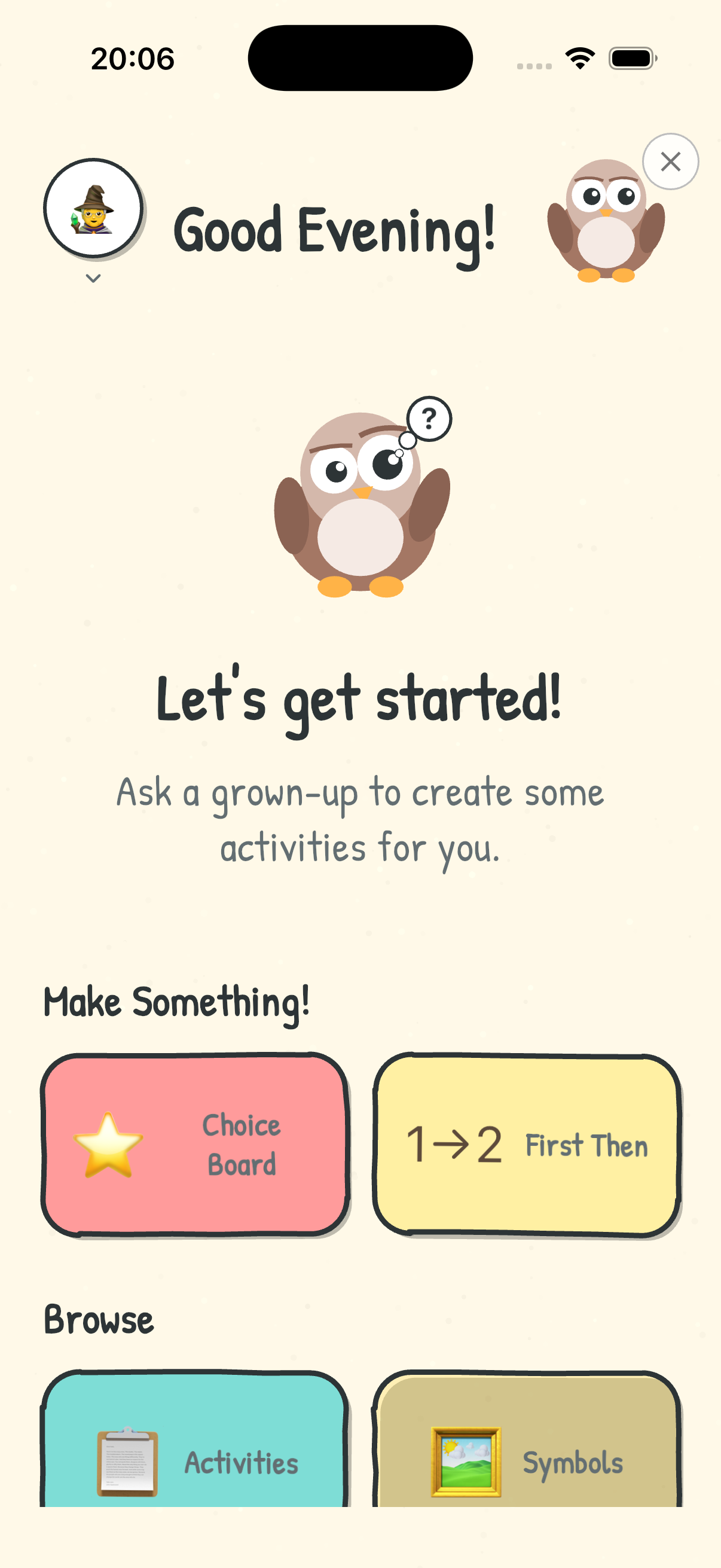 Kids Mode showing child-friendly interface with owl mascot and large colorful buttons