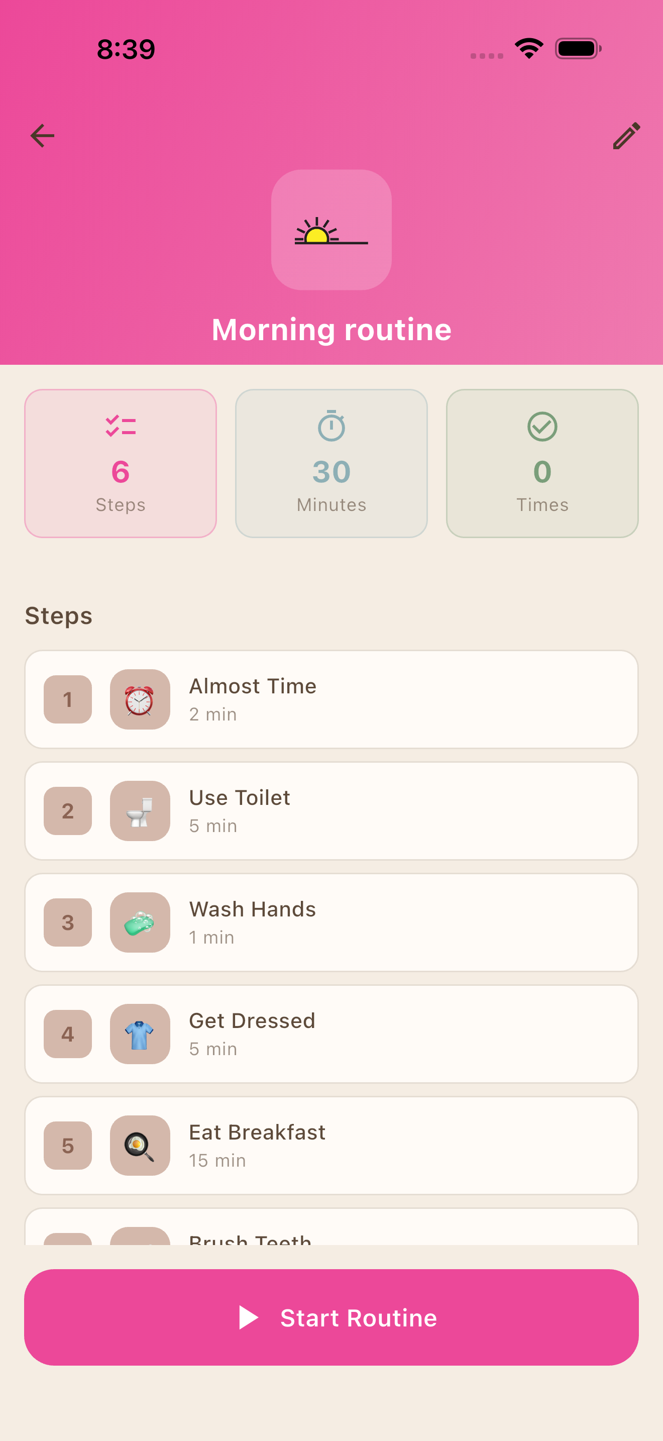 Routine builder showing activities and durations